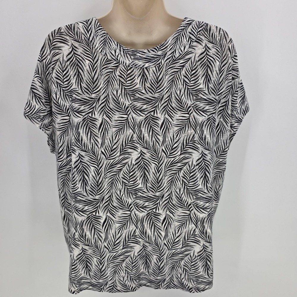 Tahari Linen Blend Top Women L White Black Palm Leaf Button V Neck Coastal - Picture 4 of 10